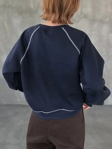 FRIFUL Moletom Casual de Manga Longa Raglan com Estampa de Letra & Floral para Mulheres, Outono - Azul Marinho - Visão 2