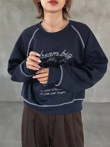 FRIFUL Moletom Casual de Manga Longa Raglan com Estampa de Letra & Floral para Mulheres, Outono - Azul Marinho - Visão 4