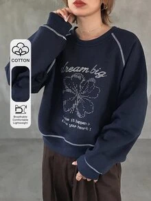 FRIFUL Moletom Casual de Manga Longa Raglan com Estampa de Letra & Floral para Mulheres, Outono - Azul Marinho - Visão 6