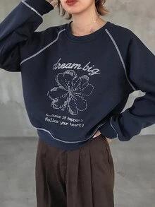 FRIFUL Moletom Casual de Manga Longa Raglan com Estampa de Letra & Floral para Mulheres, Outono - Azul Marinho - Visão 3