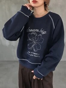 FRIFUL Moletom Casual de Manga Longa Raglan com Estampa de Letra & Floral para Mulheres, Outono - Azul Marinho - Visão 8