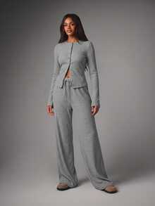 MISSGUIDED Ribbed Knit Co-Ord Set With Button-Down Cardigan Top And Wide Leg Drawstring Trousers - Cozy Autumn Winter Lounge Two Pieces - Light Grey - View 3