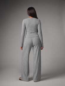MISSGUIDED Ribbed Knit Co-Ord Set With Button-Down Cardigan Top And Wide Leg Drawstring Trousers - Cozy Autumn Winter Lounge Two Pieces - Light Grey - View 5