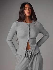 MISSGUIDED Ribbed Knit Co-Ord Set With Button-Down Cardigan Top And Wide Leg Drawstring Trousers - Cozy Autumn Winter Lounge Two Pieces - Light Grey - View 4