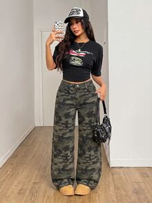 SHEIN Teen Girl Camouflage Print Wide Leg Jeans Back To School Cowgir Camo Pants - Army Green - View 8