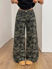 SHEIN Teen Girl Camouflage Print Wide Leg Jeans Back To School Cowgir Camo Pants - Army Green - View 5