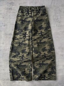 SHEIN Teen Girl Camouflage Print Wide Leg Jeans Back To School Cowgir Camo Pants - Army Green - View 1