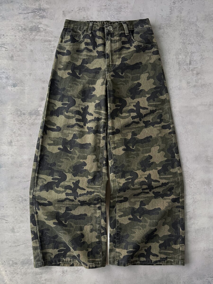 SHEIN Teen Girl Camouflage Print Wide Leg Jeans Back To School Cowgir Camo Pants - Army Green - View 1