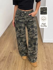 SHEIN Teen Girl Camouflage Print Wide Leg Jeans Back To School Cowgir Camo Pants - Army Green - View 2