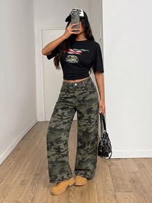 SHEIN Teen Girl Camouflage Print Wide Leg Jeans Back To School Cowgir Camo Pants - Army Green - View 6