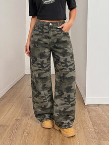 SHEIN Teen Girl Camouflage Print Wide Leg Jeans Back To School Cowgir Camo Pants - Army Green - View 4