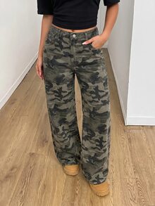 SHEIN Teen Girl Camouflage Print Wide Leg Jeans Back To School Cowgir Camo Pants - Army Green - View 7