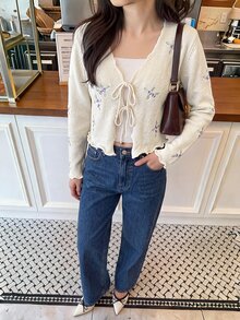 Serisse 女款休閒優雅花卉刺繡前綁帶薄款開襟衫，適合返校、早午餐、日常辦公、休閒度假、外出、節慶、夜晚防曬 - 彩色 - 查看 4