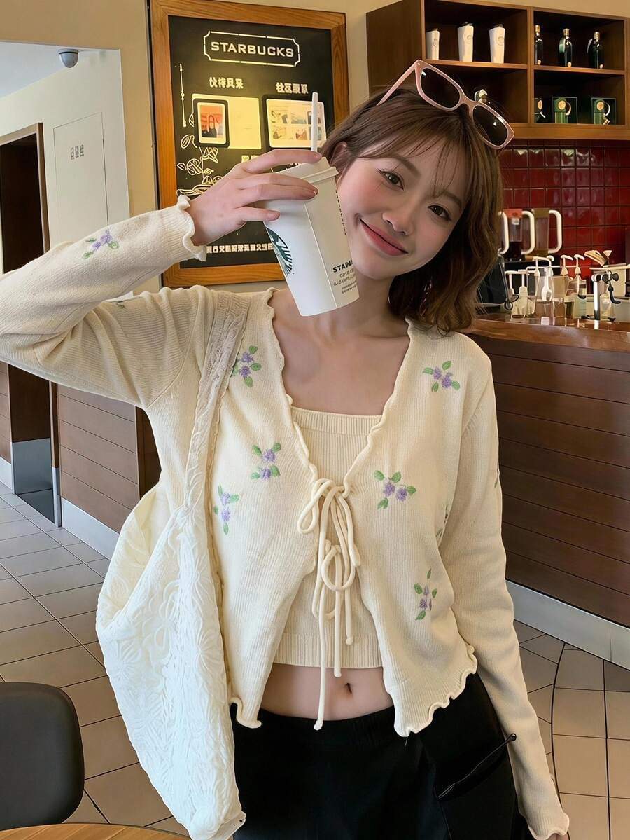 Serisse 女款休閒優雅花卉刺繡前綁帶薄款開襟衫，適合返校、早午餐、日常辦公、休閒度假、外出、節慶、夜晚防曬
