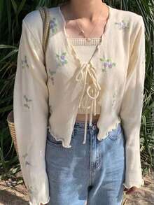 Serisse 女款休閒優雅花卉刺繡前綁帶薄款開襟衫，適合返校、早午餐、日常辦公、休閒度假、外出、節慶、夜晚防曬 - 彩色 - 查看 10