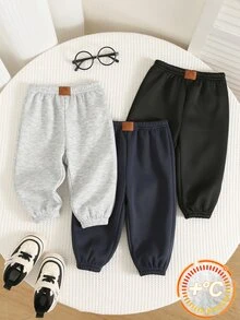 SHEIN 3件組男嬰秋冬可愛百搭抓絨內裡素色長褲慢跑褲運動褲下身多件裝 - 彩色 - 查看 5