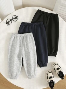 SHEIN 3件組男嬰秋冬可愛百搭抓絨內裡素色長褲慢跑褲運動褲下身多件裝 - 彩色 - 查看 2