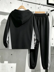 SHEIN 青少年男孩拼色長袖夾克與長褲休閒日常套裝 - 黑色 - 查看 2
