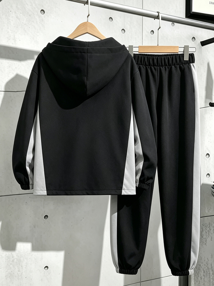 SHEIN Tween Boy Colorblock Long Sleeve Jacket And Pants Casual Daily Outfit - Black - View 2