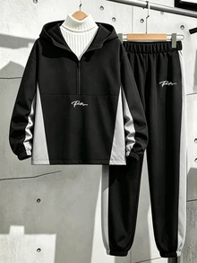 SHEIN 青少年男孩拼色長袖夾克與長褲休閒日常套裝 - 黑色 - 查看 3
