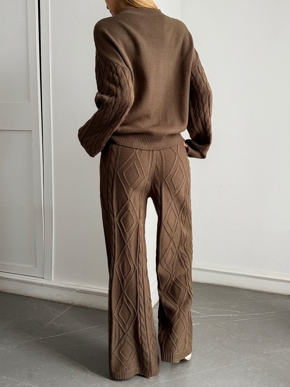 Winter Coffee Brown Round Neck Long Sleeve Knit Sweater With High Waist Slim Fit Ribbed Knit Pants 2 Pieces Set