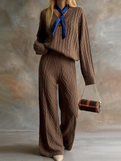 Strévra Winter Coffee Brown Round Neck Long Sleeve Knit Sweater With High Waist Slim Fit Ribbed Knit Pants 2 Pieces Set