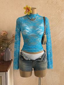 EgrlEra Sheer Pleated Lace Blouse For Women (Random Cut) Fall Cloth For Women - Blue - View 1