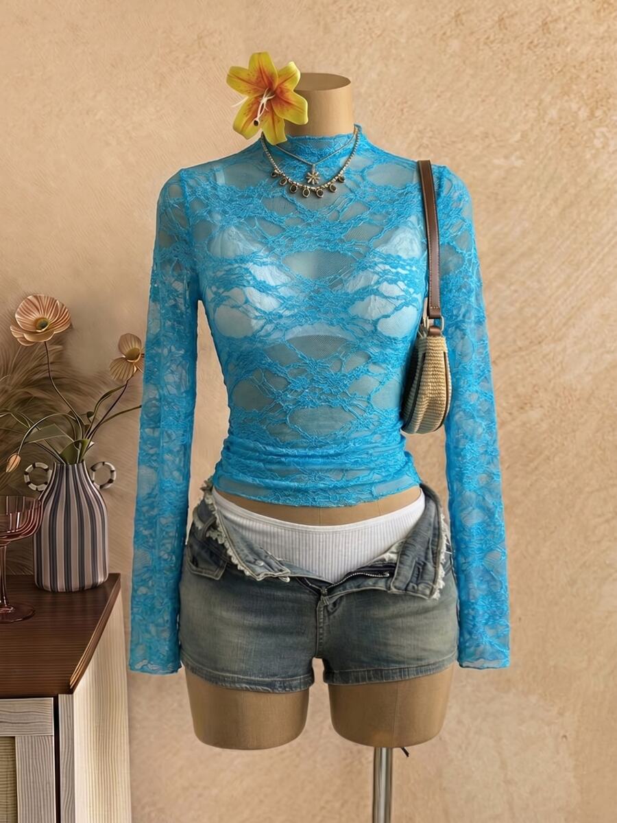 EgrlEra Sheer Pleated Lace Blouse For Women (Random Cut) Fall Cloth For Women - Blue - View 1