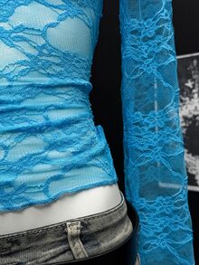 EgrlEra Sheer Pleated Lace Blouse For Women (Random Cut) Fall Cloth For Women - Blue - View 4