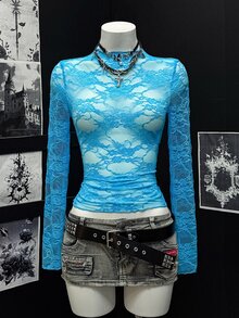 EgrlEra Sheer Pleated Lace Blouse For Women (Random Cut) Fall Cloth For Women - Blue - View 3