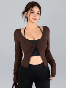 DAZY Women's Solid Color Knot Front Split Hem Casual Fitness Sports T-Shirt - Brown - View 6