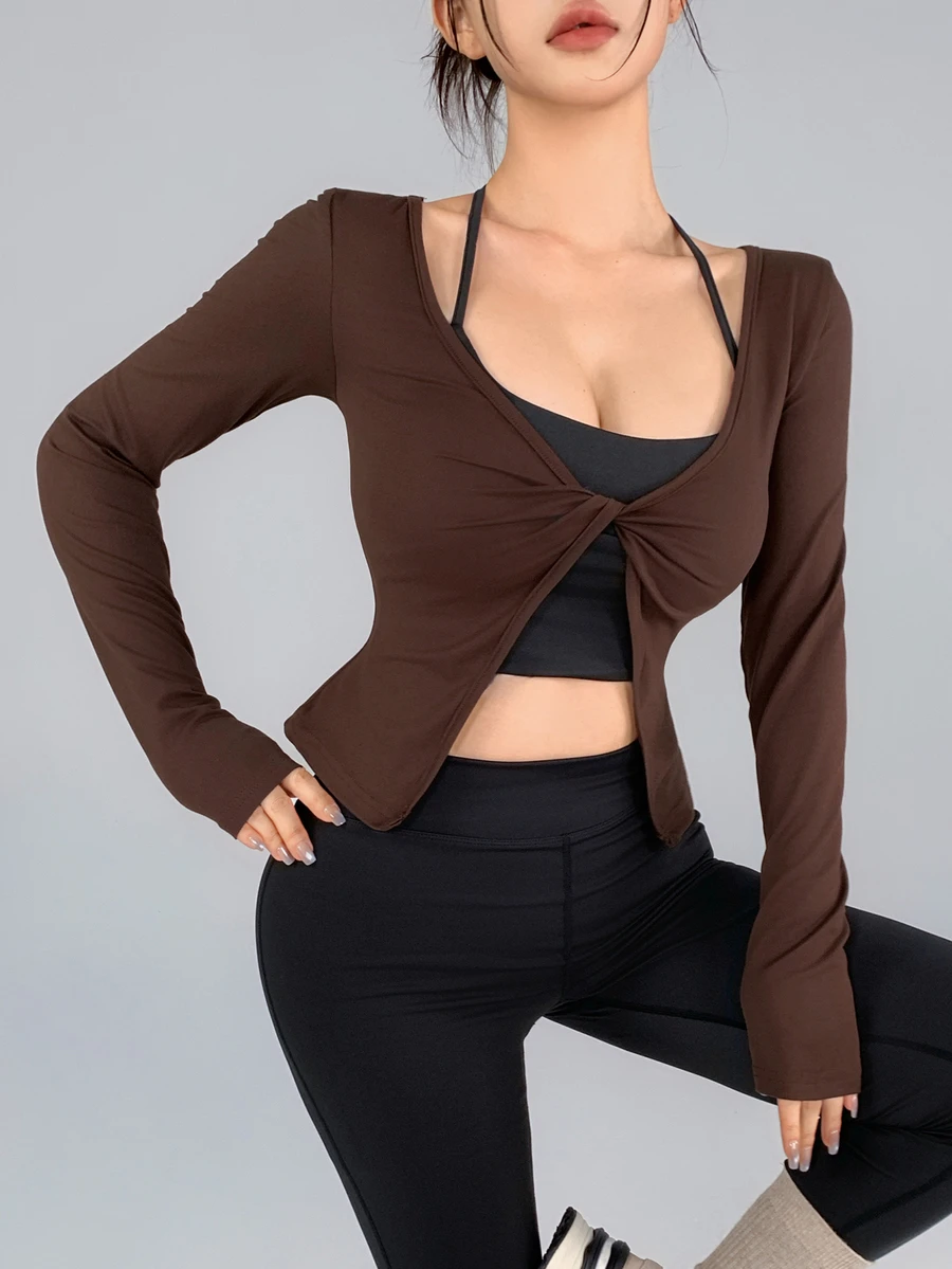 DAZY Women's Solid Color Knot Front Split Hem Casual Fitness Sports T-Shirt - Brown - View 1