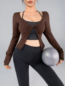 DAZY Women's Solid Color Knot Front Split Hem Casual Fitness Sports T-Shirt - Brown - View 8