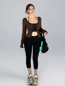 DAZY Women's Solid Color Knot Front Split Hem Casual Fitness Sports T-Shirt - Brown - View 5