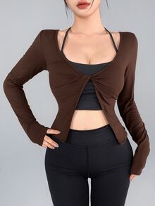 DAZY Women's Solid Color Knot Front Split Hem Casual Fitness Sports T-Shirt - Brown - View 7