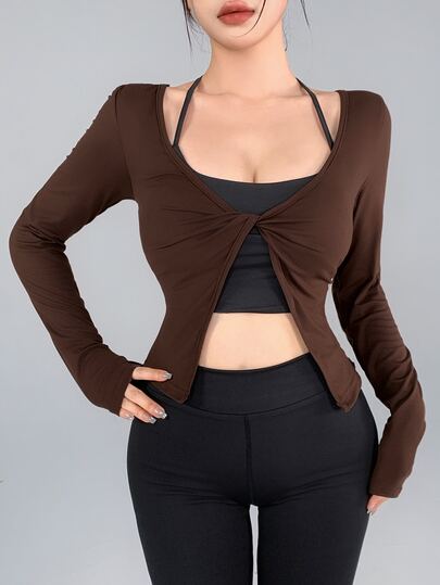 DAZY Women's Solid Color Knot Front Split Hem Casual Fitness Sports T-Shirt