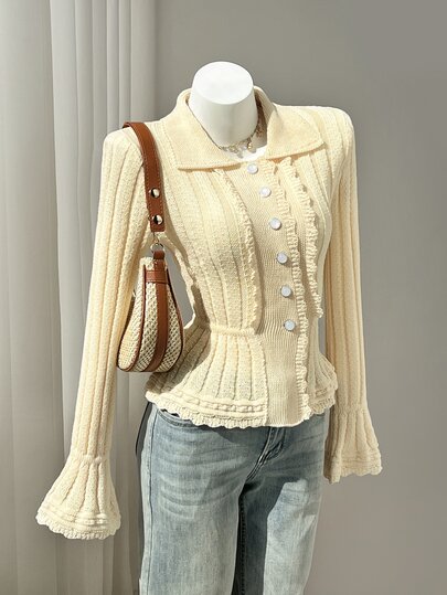 Elamini Áo cardigan len dệt kim dài tay nữ phong cách tinh tế dễ thương ngọt ngào cho hẹn hò, cổ Peter Pan, gấu tay phối ren, eo chiết, nút ngọc trai, thu đông