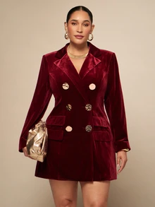 SHEIN BAE CURVE Elegant dubbelknäppt blazer för kvinnor i plus size med enfärgad design och kavajkrage - Bourgogne - Visa 4