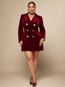 SHEIN BAE CURVE Elegant dubbelknäppt blazer för kvinnor i plus size med enfärgad design och kavajkrage - Bourgogne - Visa 3