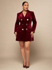 SHEIN BAE CURVE Elegant dubbelknäppt blazer för kvinnor i plus size med enfärgad design och kavajkrage - Bourgogne - Visa 7