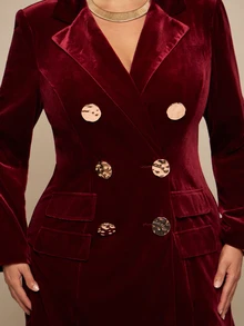 SHEIN BAE CURVE Elegant dubbelknäppt blazer för kvinnor i plus size med enfärgad design och kavajkrage - Bourgogne - Visa 11
