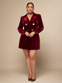 SHEIN BAE CURVE Elegant dubbelknäppt blazer för kvinnor i plus size med enfärgad design och kavajkrage - Bourgogne - Visa 6