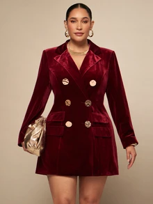 SHEIN BAE CURVE Elegant dubbelknäppt blazer för kvinnor i plus size med enfärgad design och kavajkrage - Bourgogne - Visa 5