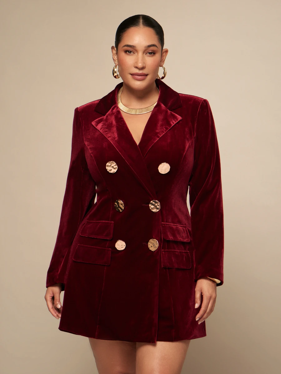 SHEIN BAE CURVE Elegant dubbelknäppt blazer för kvinnor i plus size med enfärgad design och kavajkrage - Bourgogne - Visa 1