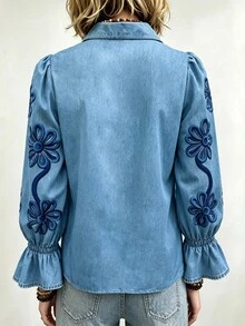Breezaya 女款花卉丹寧效果印花襯衫，翻領泡泡袖鬆緊袖口上衣，休閒鈕扣開襟上衣 - 藍色 - 查看 3