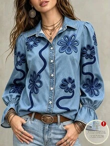 Breezaya 女款花卉丹寧效果印花襯衫，翻領泡泡袖鬆緊袖口上衣，休閒鈕扣開襟上衣 - 藍色 - 查看 9