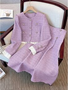 GlowEve Women's Single-Breasted Long Sleeve Jacket And Midi Skirt Elegant 2 Pieces Set - Purple - View 7