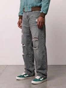 Manfinity Denimwave Men's Solid Color Distressed Pocket Casual Versatile Jeans Men's Stacked Jeans - Light Grey - View 3