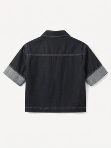 Manfinity Denimwave 男士原色牛仔翻领短袖夹克 男士短袖牛仔衬衫 - 深色水洗藍 - 查看 7
