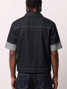Manfinity Denimwave 男士原色牛仔翻领短袖夹克 男士短袖牛仔衬衫 - 深色水洗藍 - 查看 2